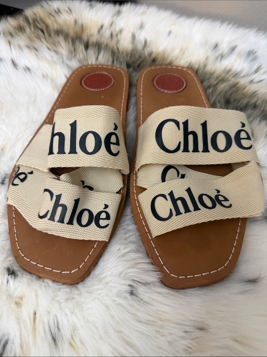 Chloe Shoes - Chloé Cream Logo Canvas Slide Sandals with Tan Footbed